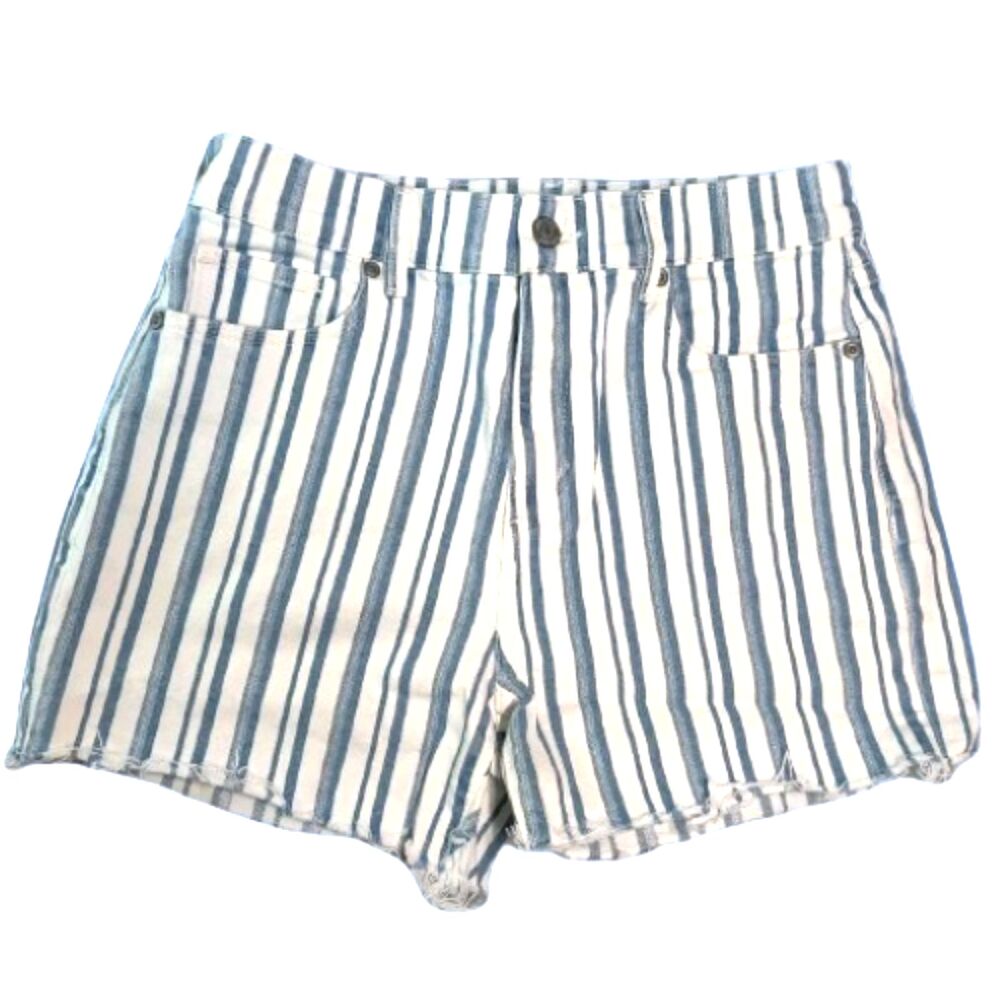 LOFT Denim Striped Shorts Women’s Size 2 Blue White High Rise Cutoff Raw Hem